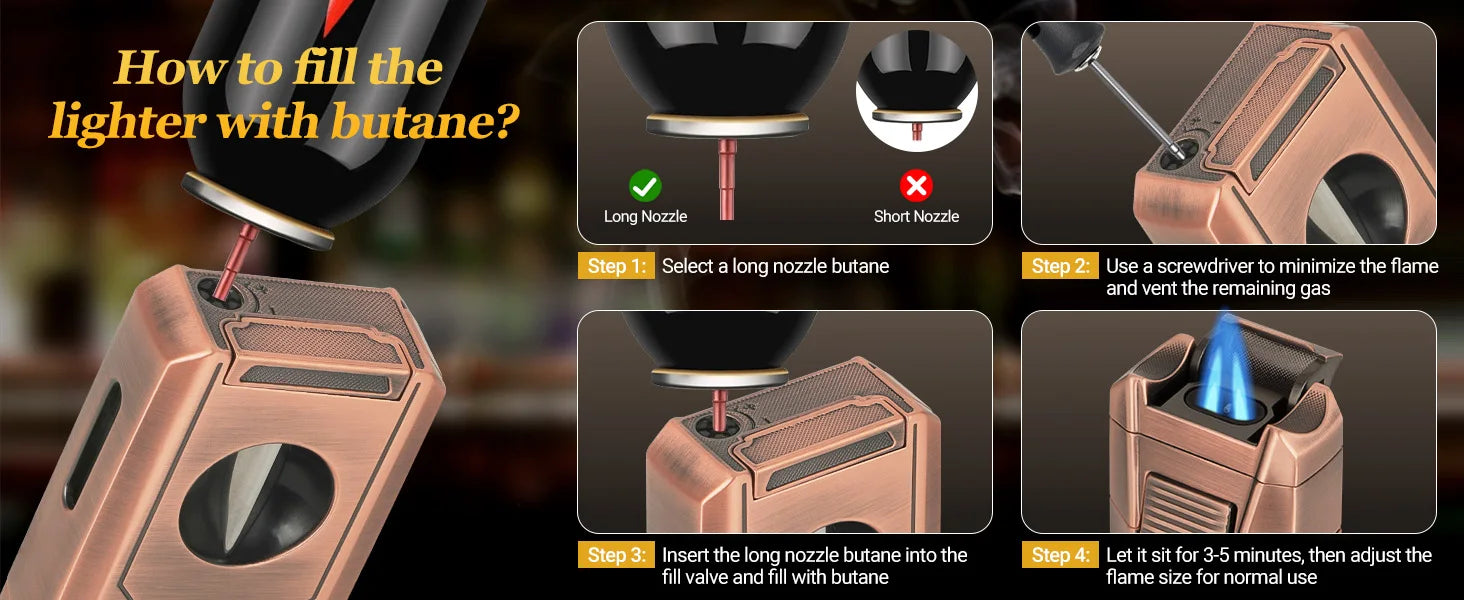 Cigar Lighter with Double Jet Flame, Refillable Cigar Torch Lighter with Cigar Holder, V-Cigar Cutter, Cigar Draw Enhancer