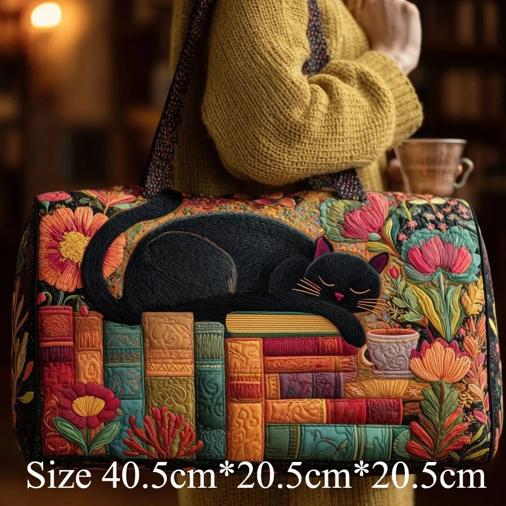 Cute 3D Quilted Cat Tote Bag Halloween Pumpkin Fall Leaves Floral Print Unique Travel Handbag Gift for Cat Lovers Shoulder Purse