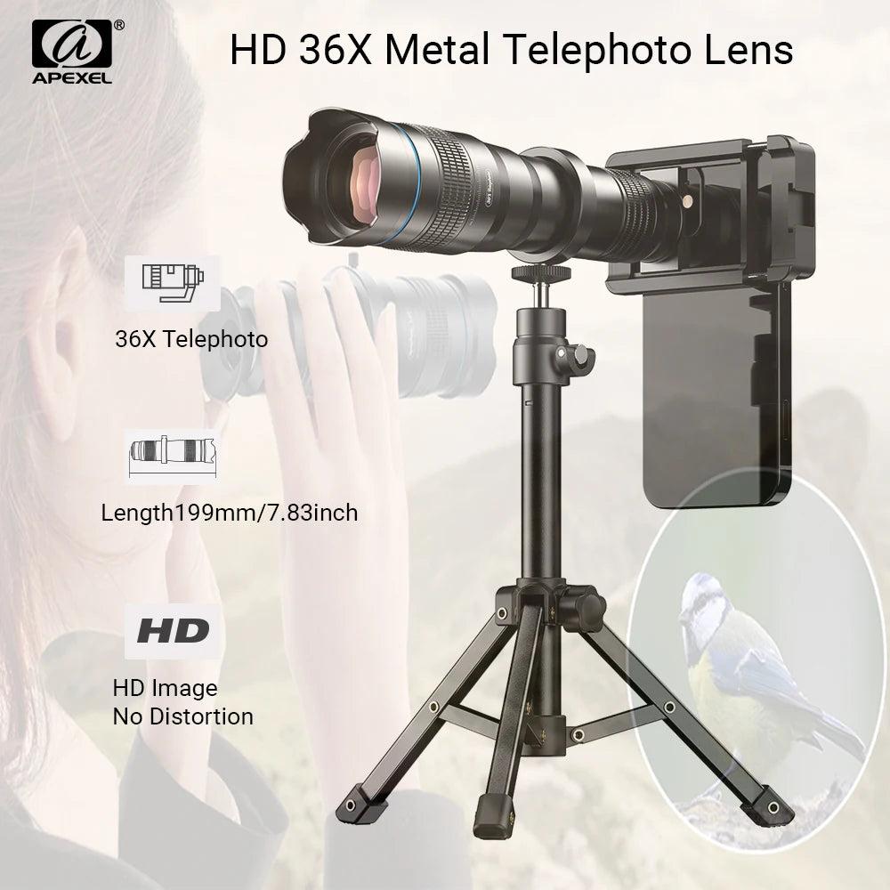 36X Smartphone Telephoto Lens with Tripod and Universal Clip