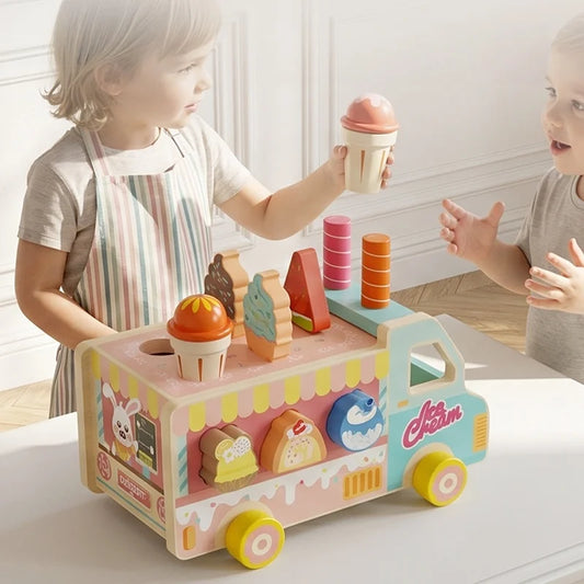 Wooden Rabbit Ice Cream Truck Shape Sorter and Pretend Play Toy