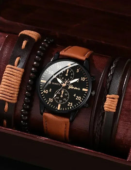 Luxury Minimalist Watch Bracelet Set Business Brown Leather Quartz Wrist Watches for Men