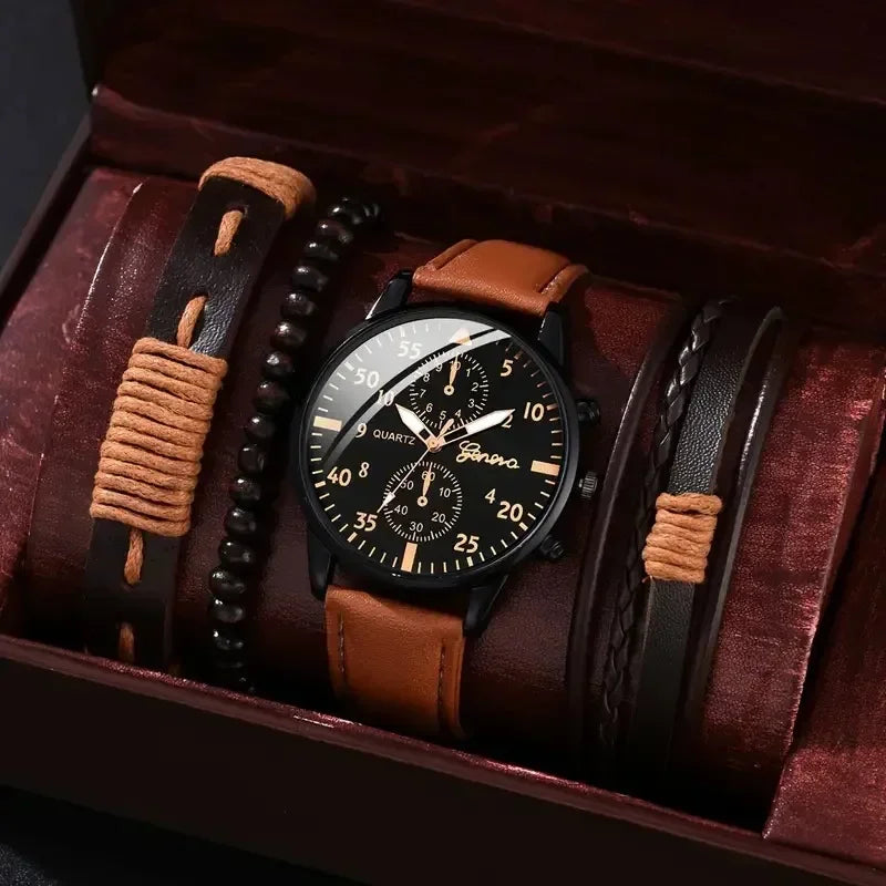 Luxury Minimalist Watch Bracelet Set Business Brown Leather Quartz Wrist Watches for Men