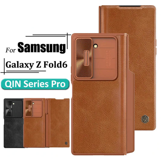 Flip QIN Pro Leather Case For Samsung Galaxy Z Fold 6 5G Shockproof Camera Slider Protection Cover With Card Holder