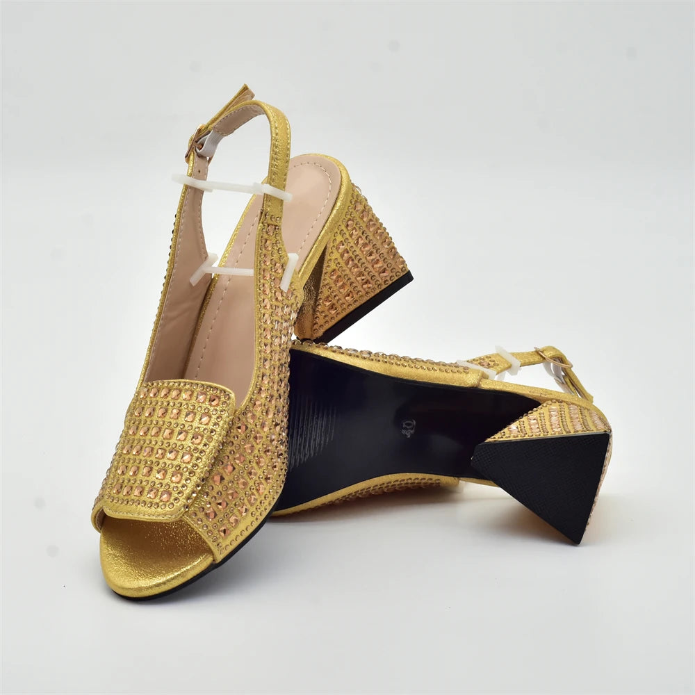 Nigerian Women's Purple Color Mid Heels Frosted Crystal Shiny Rhinestone Party Itaian Design Peep Toe Shoes and Bag Set