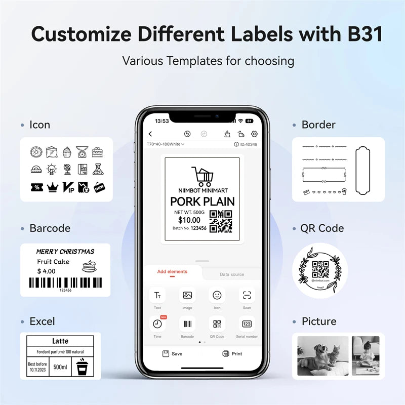 B31 Thermal Label Printer, Bluetooth Wireless Barcode Sticker Maker 20–77mm, High-Speed Inkless Label Printer for Clothing & Jewelry