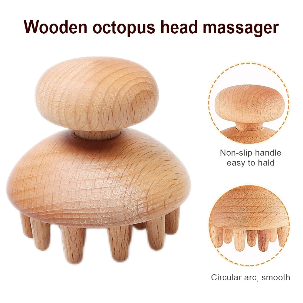 Portable Wood Mushroom Therapy Massager Tool Head Massage Comb Full Body Wood Massager for Pain Relief with Up Down Point