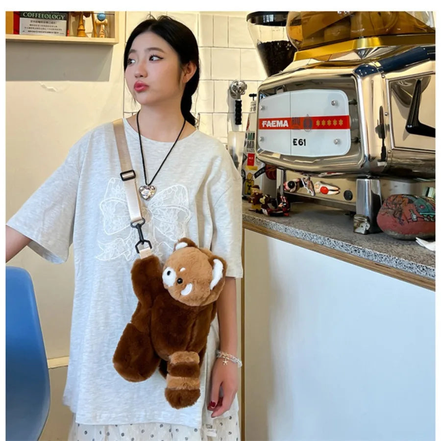 Cute Red Panda Plush Backpack Soft Shoulder Bag