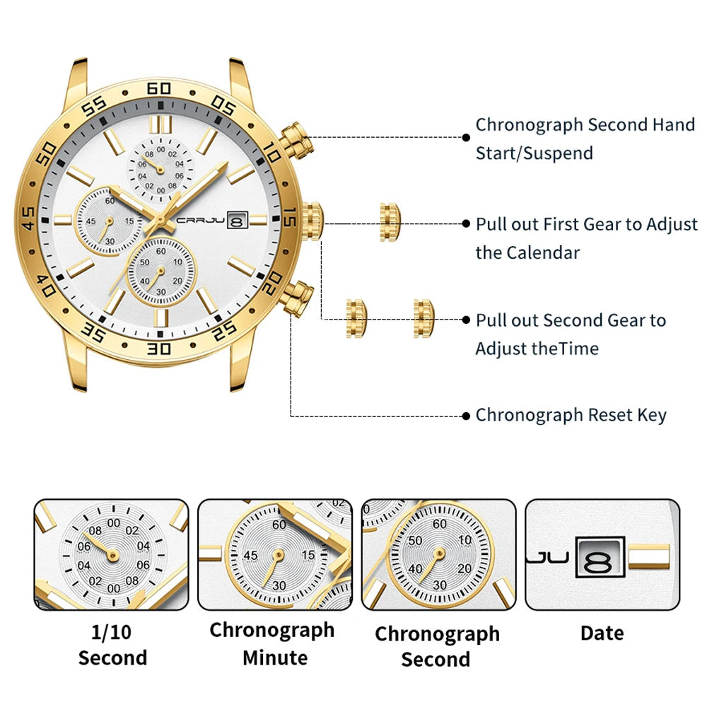 Fashion Mens Business Stainless Steel Band Quartz Watches with Calendar Chronograph Luminous Analog Wristwatch Man