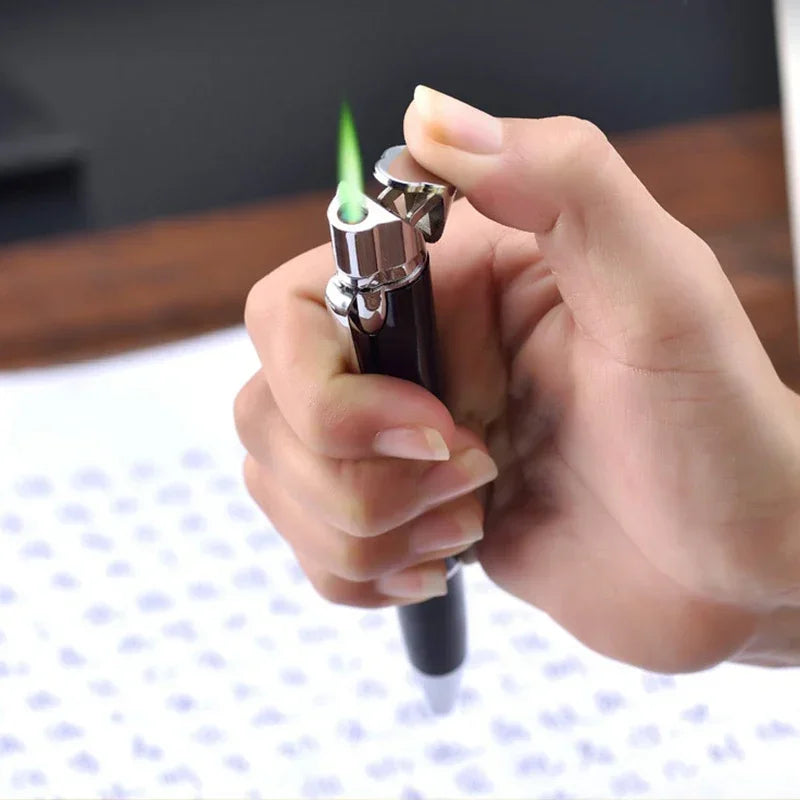 Creative Ball Pen Ligher Green Flame Torch Lighter Unusual Pen Portable Metal Butane Gas Cigarette Lighter Practical Gadget Gift