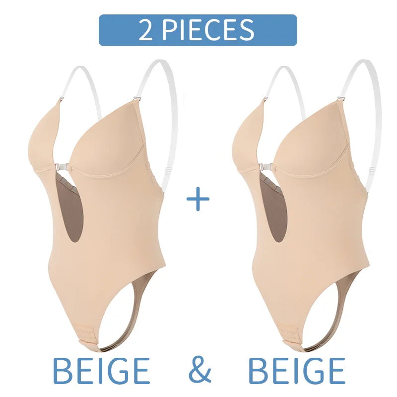 Deep V-Neck Backless Bodysuit Shapewear – Push Up Thong Body Shaper