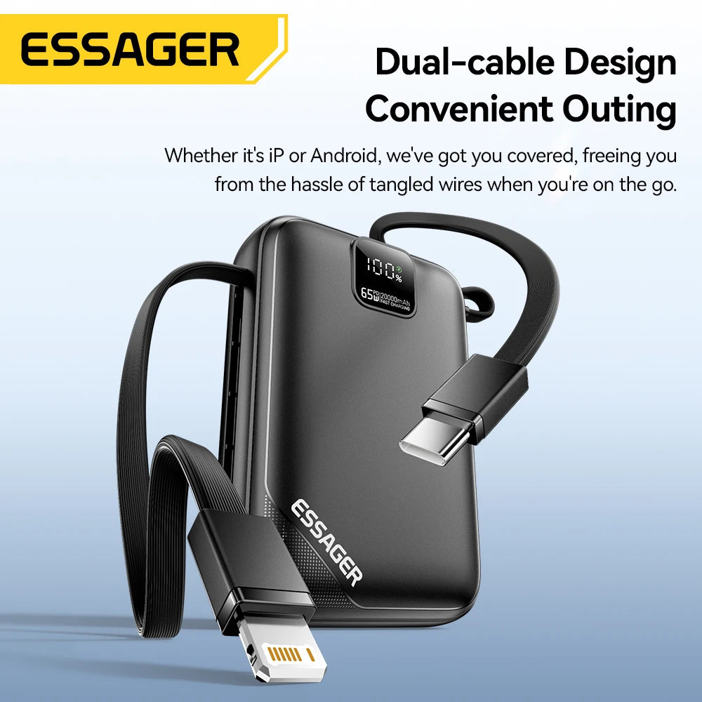 20000mAh 65W Power Bank PD Fast Charging USB-C Portable Charger with Built-in Cables & Digital Display