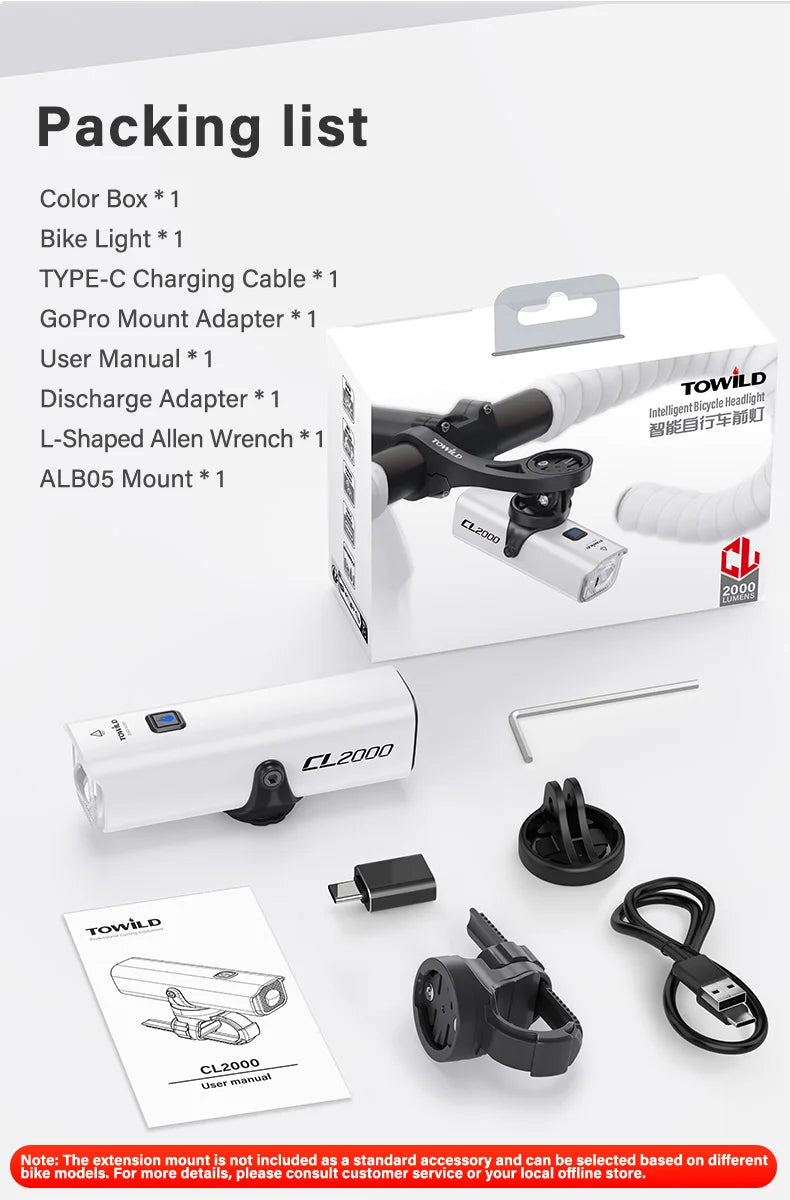 CL2000 Bicycle Light With Cut-off Line Beam 2000LM Rechargeable 5000mAh Led Bike Front Lights IPX6 MTB Cycling Headlights