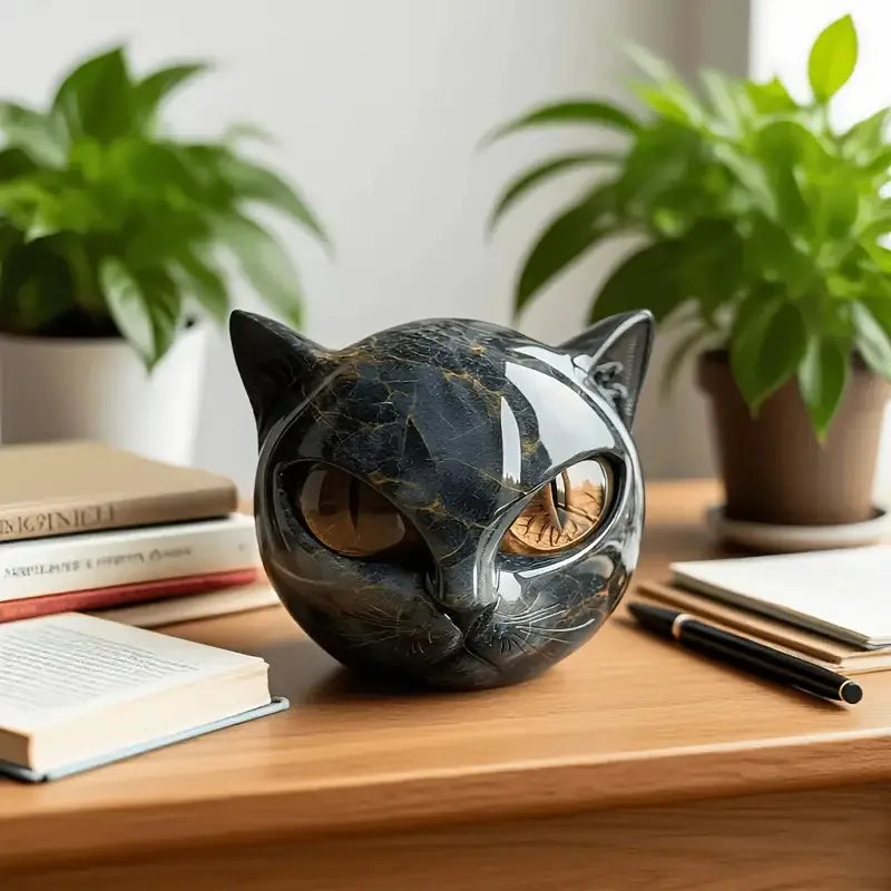 Cat Head Statue - Elegant Marble-like Glossy Resin Sculpture with Golden Eyes & Black Marble Texture,Desktop Decor for Home/Offi