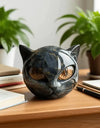 Cat Head Statue - Elegant Marble-like Glossy Resin Sculpture with Golden Eyes & Black Marble Texture,Desktop Decor for Home/Offi