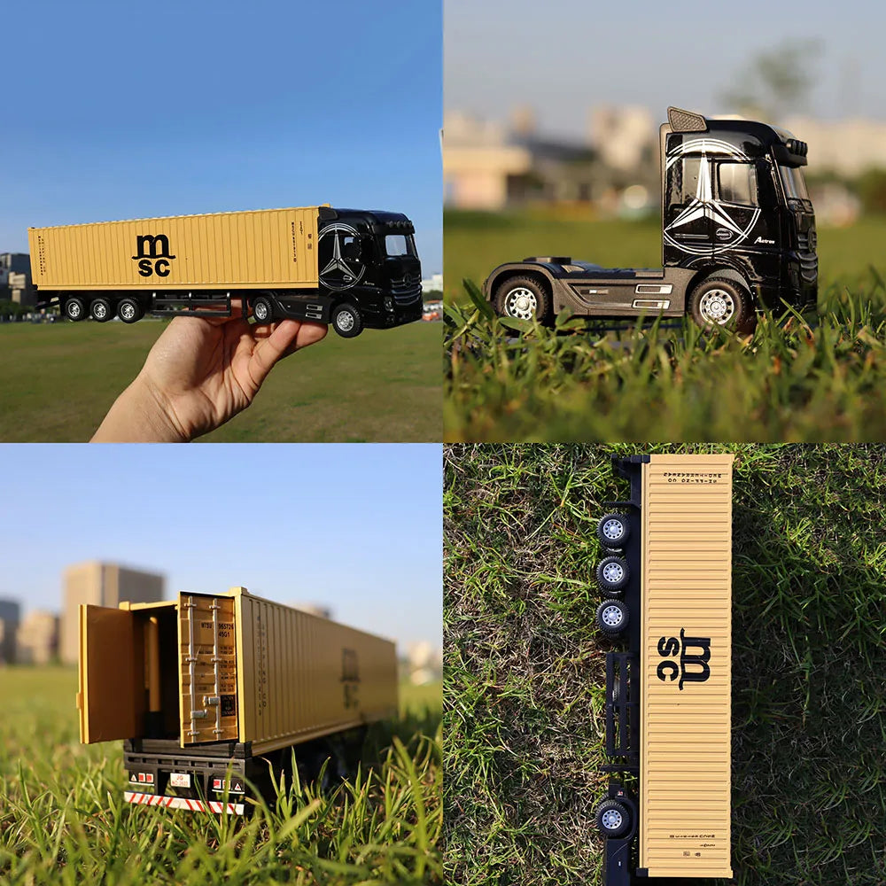 1:50 American Trailer Transport Vehicle Diecast Alloy Front End Container Truck Models Toys Sound Light Cars for Boys Xmas Gifts