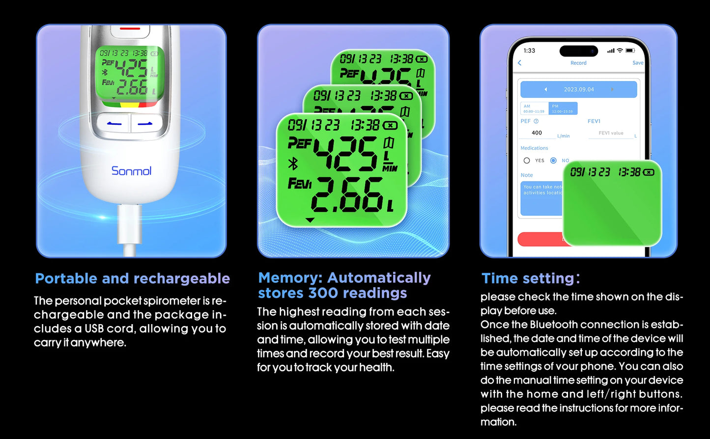 Peak Flow Meter Digital Home Spirometer with Bluetooth  for Asthma COPD Test PEF and FEV1 Smart Personal Portable Espirometer