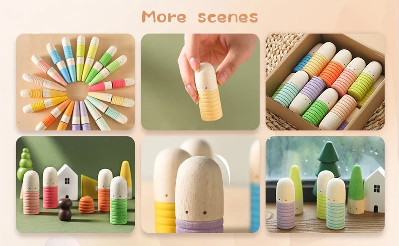 Children Wooden Thumb Figure Set Puzzle Toy Mini Doll Round and Pointed Head Villain for Kids Montessori Colourful Wooden Sticks