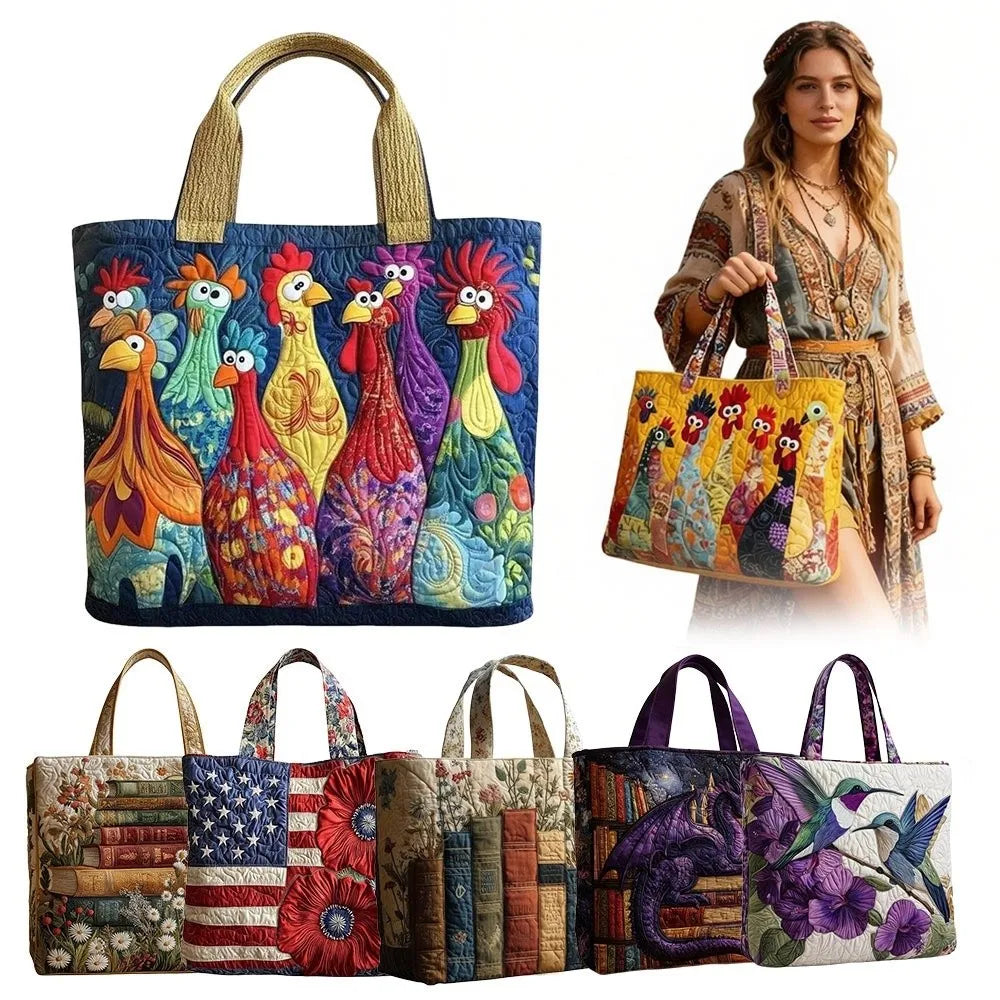 Vintage Quilted Tote Bag Large Capacity 3D Printed Canvas Shoulder Bag
