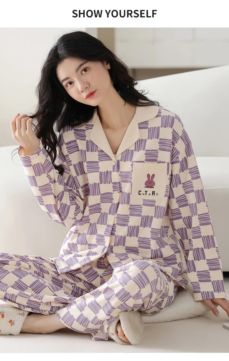 Women’s Winter 100% Cotton Pajama Set – Loose Fit, Turn-Down Collar, Long Sleeves, Cute Pink