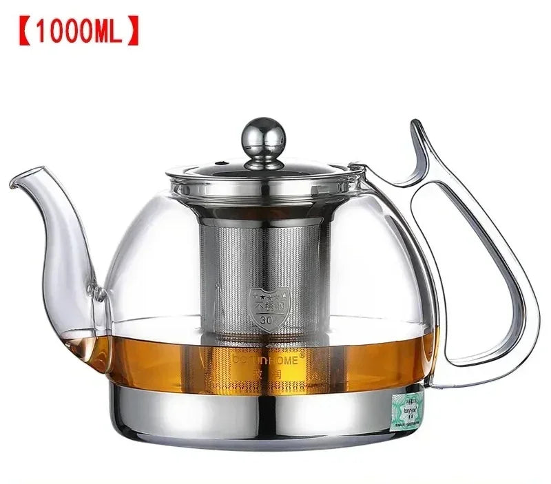 Heat Resistant Borosilicate Glass Teapot with Stainless Steel Infuser for Induction Cooker 1.2L