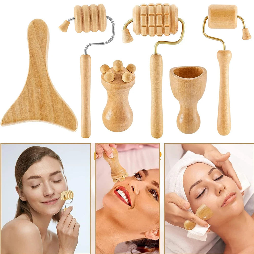 Face Massagers Gua Sha Tools Wood Therapy Meridian Massage Kit Roller Facial Lifting Masajeador Maderoterapia Scraper