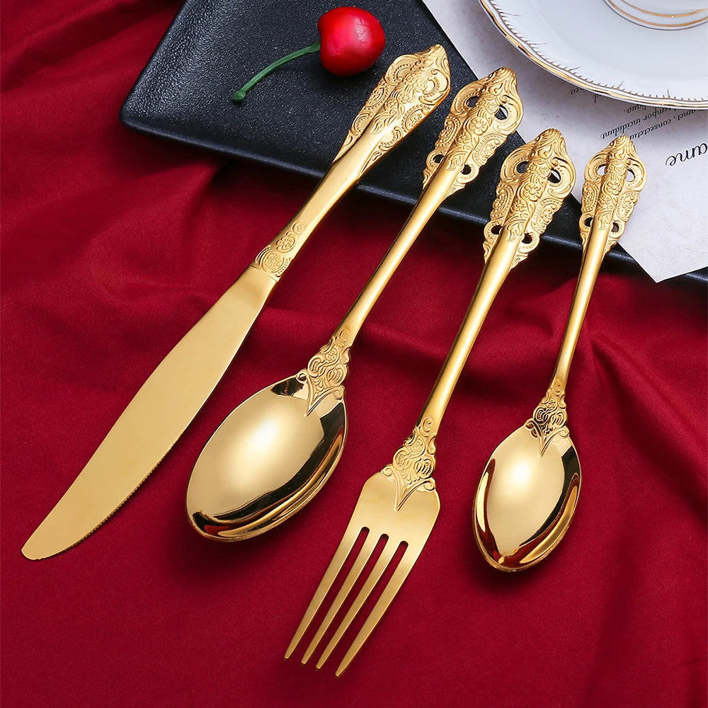 Luxury Spoon and Fork Set Stainless Steel Gold Cutlery Set Food Grade Upscale Royal Tableware European Steak Knife Kitchen Items