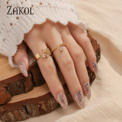 Multilayer Zircon Open Rings for Women Fashion Water Drop CZ Leaf Shape Ring