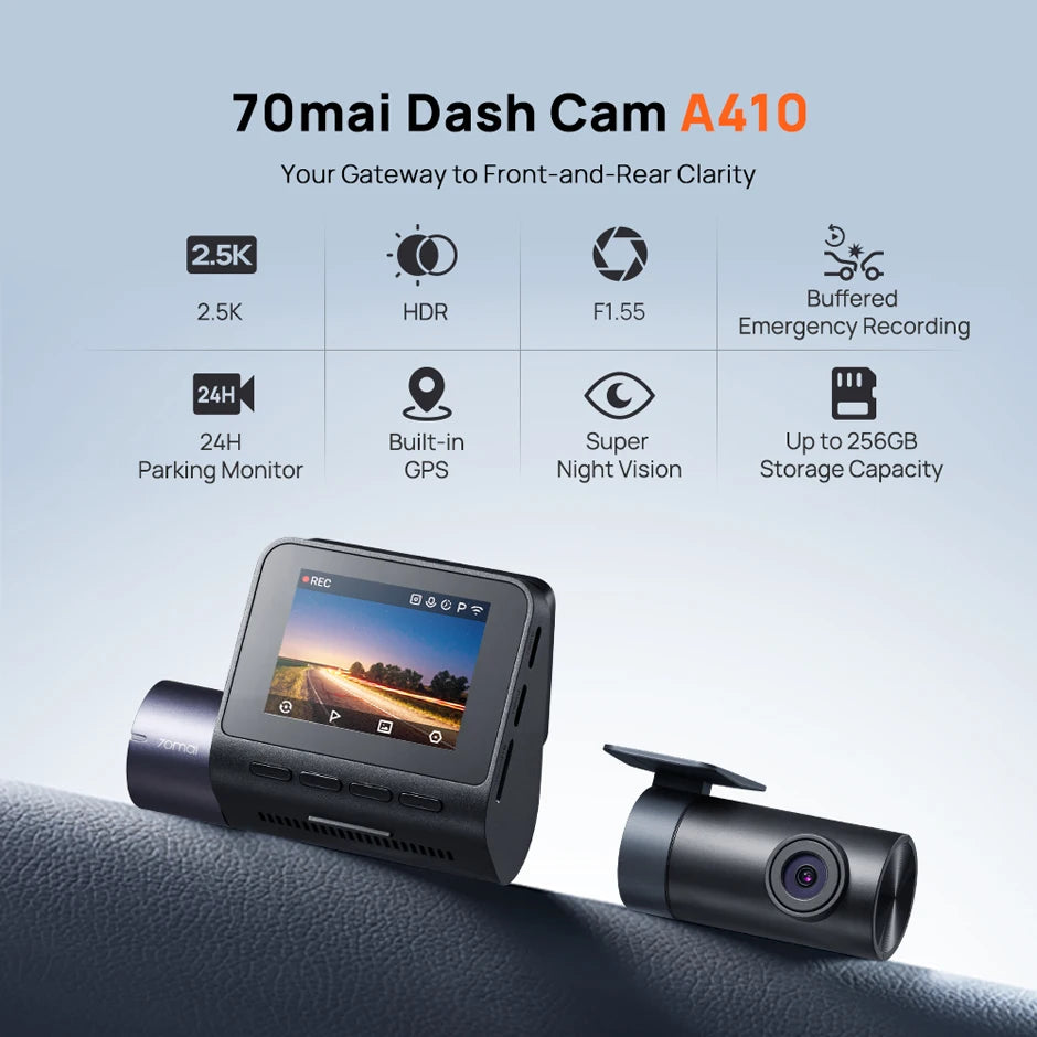 Dash Cam A410 2.5K 1440P Front + 1080P Rear Car DVR – HDR Night Vision, GPS, WiFi App, 24H Parking Monitor