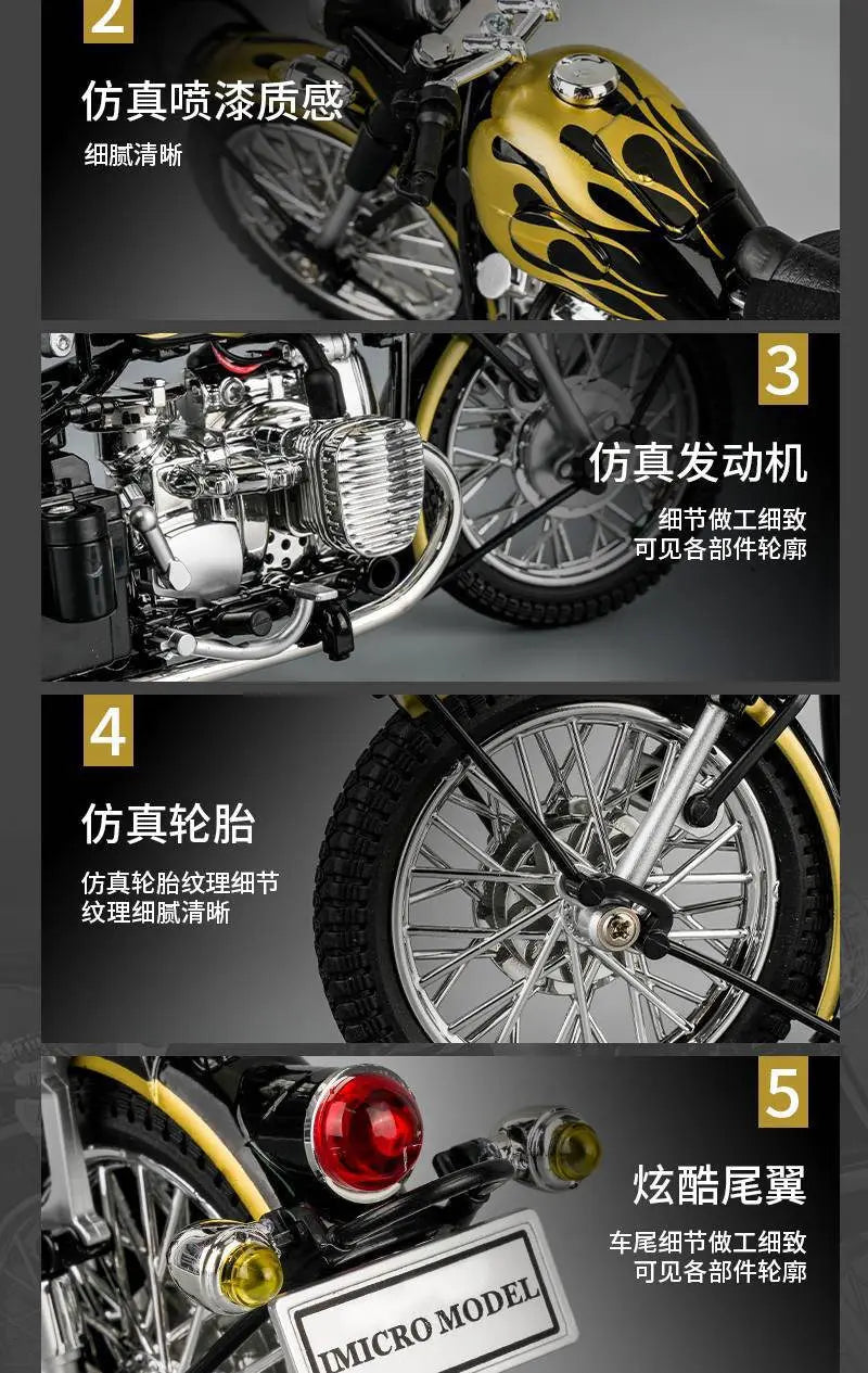 Diecast Retro Bobber Sidecar Motorcycle Model 1 to 10 Scale