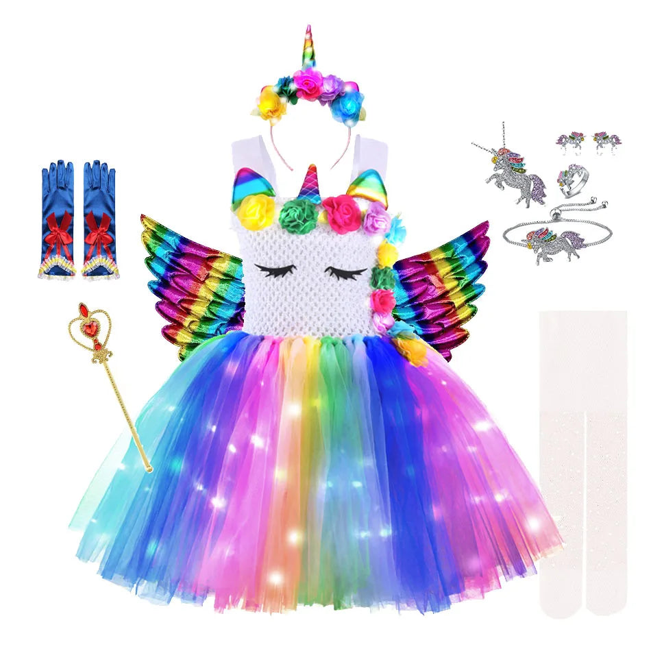 Girl Unicorn Dresses for Girls Tutu Princess Party Dresses with LED Lights Flower Birthday Party Cosplay Costume Girls Clothing