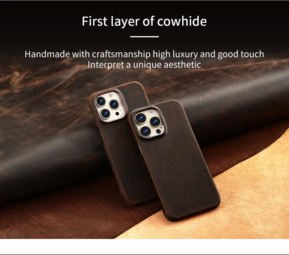 for Magsafe Case for iPhone 15 16 Pro Max 16Pro Retro Luxury Full Grain Cowhide Genuine Oiled PULL-UP Leather  Cover