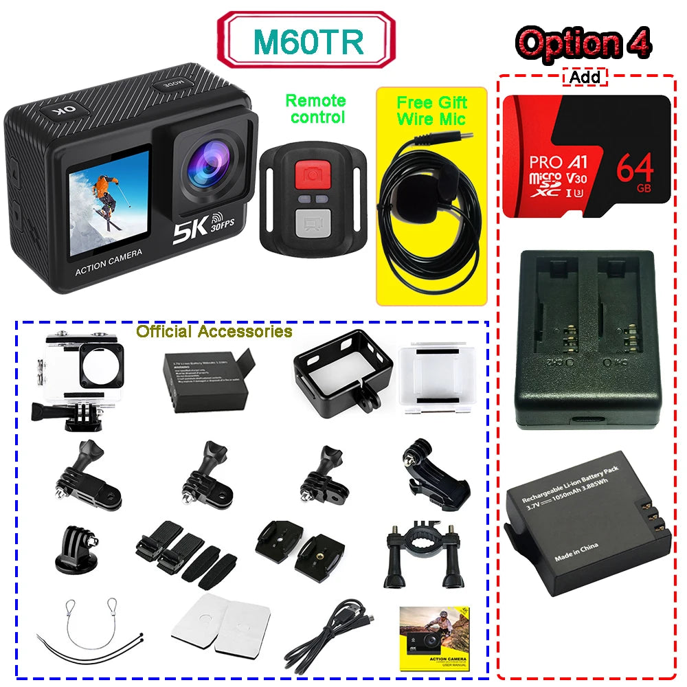 5K Ultra HD Action Camera with Dual Touch Screen WiFi EIS and 30M Waterproof Case