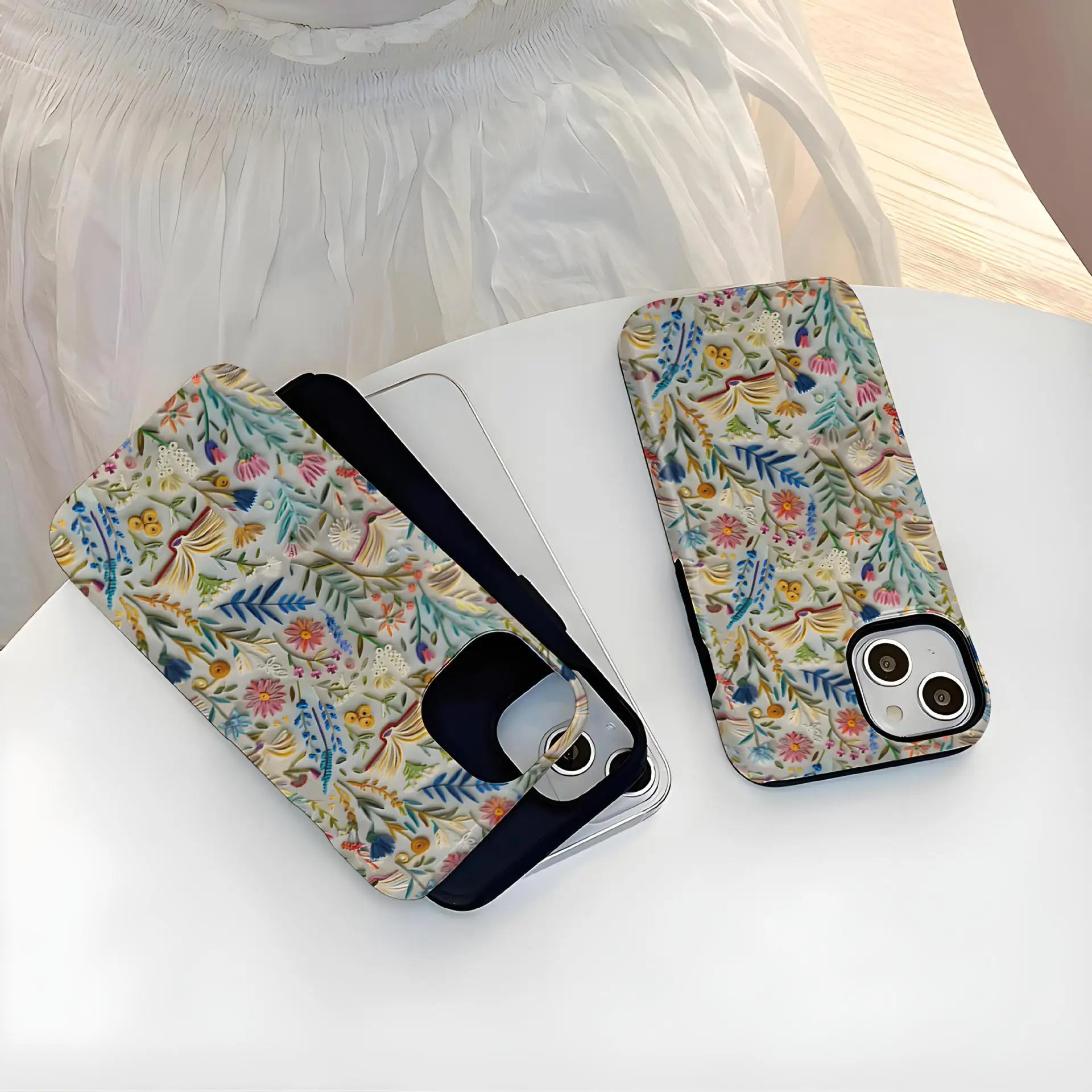 Romantic Wildflower Boho Embroidery Phone Case for iPhone 16 15 Pro Max Plus – 2 in 1 Hard Protection