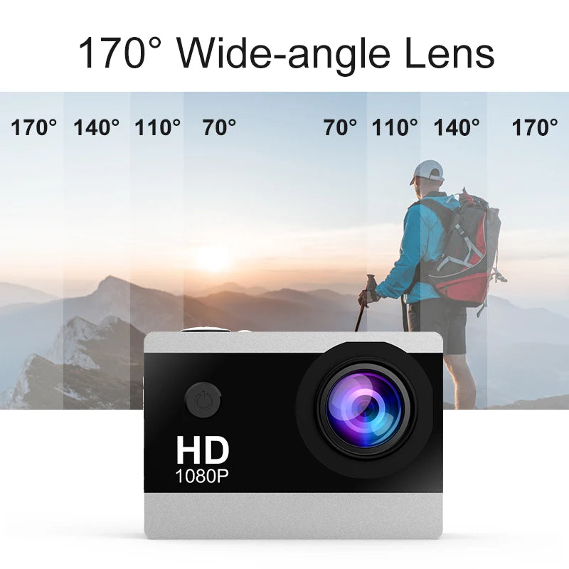 1080P Waterproof Action Camera with 2 Inch IPS Screen 170 Degree Wide Angle Helmet Sports Camera