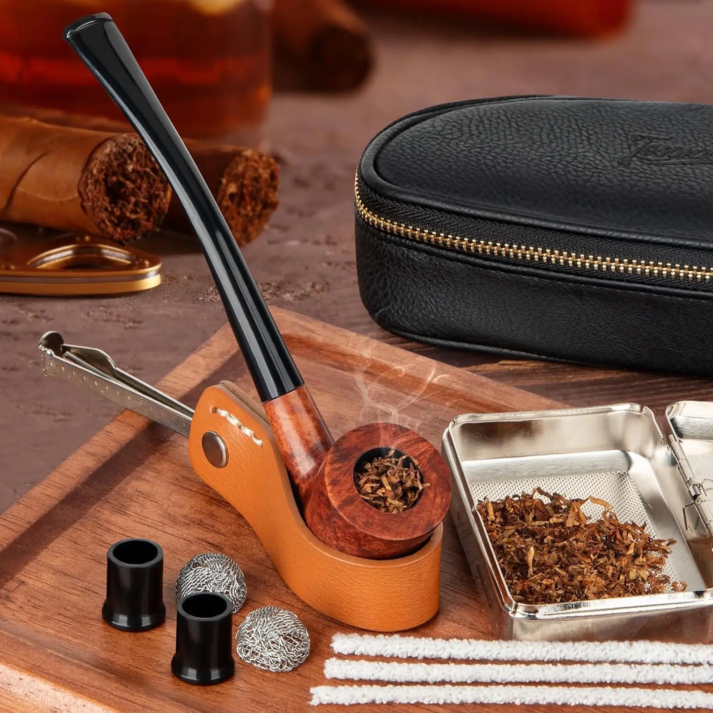 PU Leather Pipe Set, 4 in 1 Pipe Stand, Screens,Pipe Cleaners,Pipe Bit and Small Box,Wood Pipe Accessories