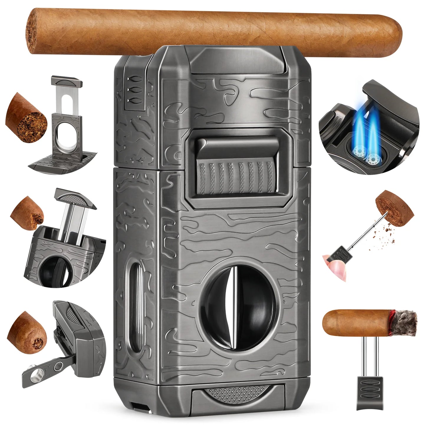 Cigar Lighter, 7-in-1 Cigar Lighter, Dual-Flame Windproof, Built-in Dual Punch, V-Cut, Flat Cut, Cigar Holder (No Butane)