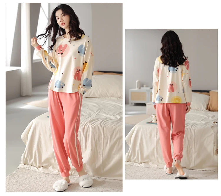 Women’s Cute Lazy Style Cotton Pajama Set – Soft, Loose Long Sleeves & Pants