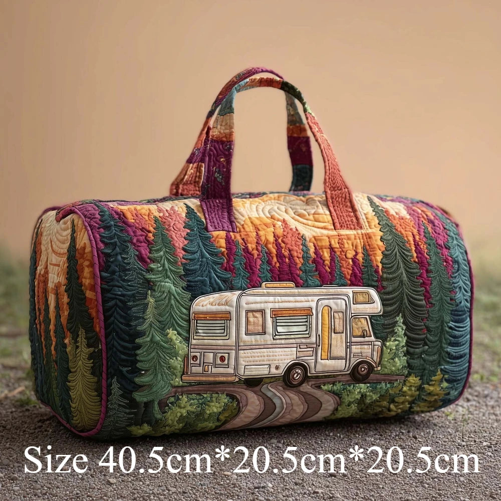 Handmade Quilted Travel Bag Vintage Artistic Camper Nature Duffle Bag Boho Weekender Tote for Men Women Camping Hiking Road Trip