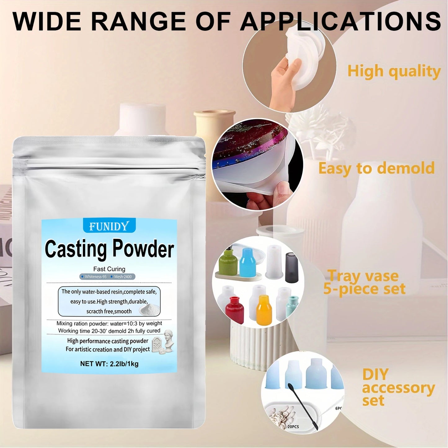 Resin Casting Powder 1000g/2000g/3000g – Fast Demold 20–30 Min, Self-Leveling Plaster for Craft Casting