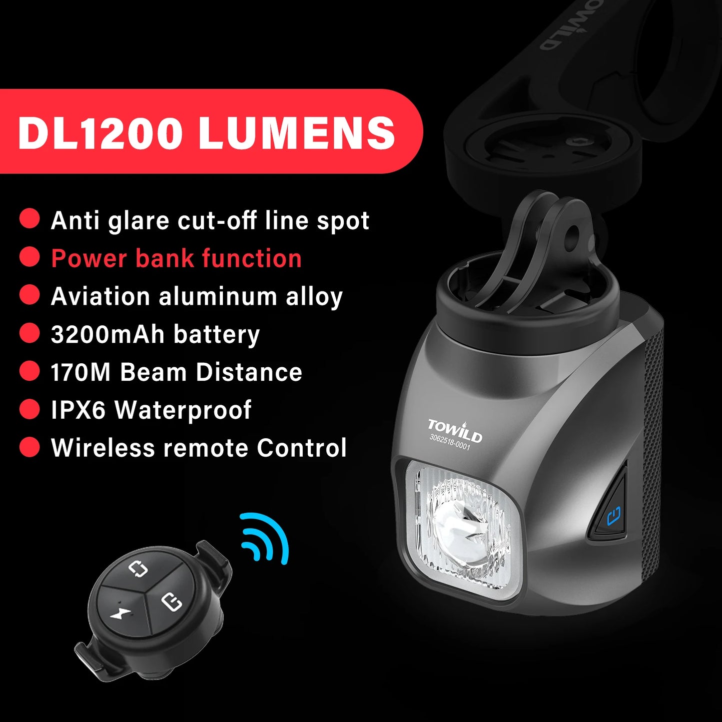 DL1200S/DL1700 Bicycle Light With Cut-Off Line Beam1900LM Rechargeable Front Light Power Bank Mtb Cycling Headlights