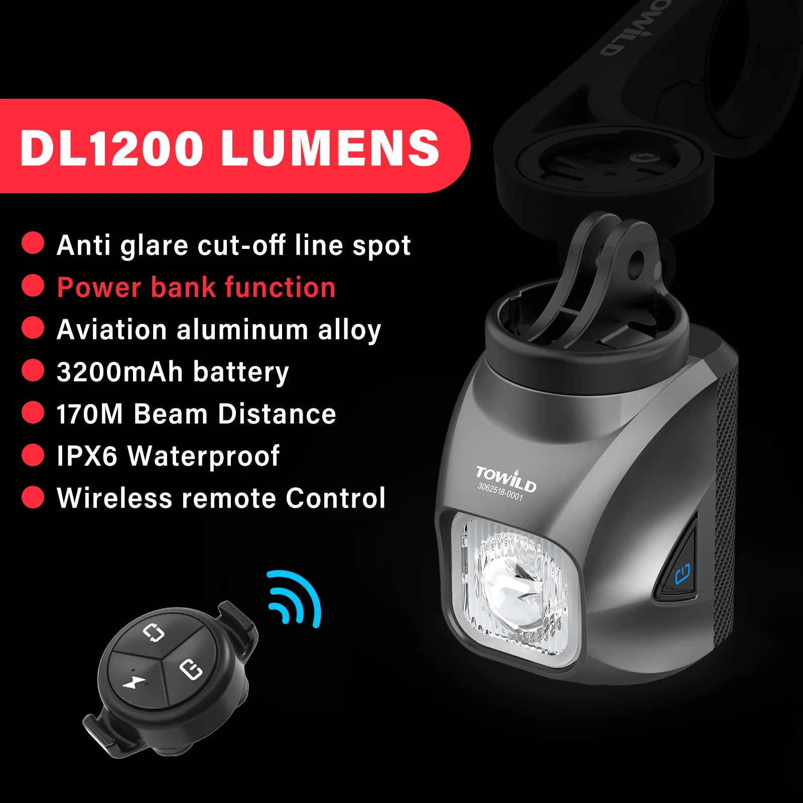 DL1200S Bicycle Light With Anti-Glare Cut-Off Line Beam 1500LM Rechargeable Led Bike Front Lights Mtb Cycling Headlights