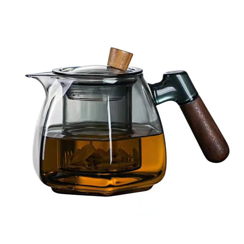 600ml Wooden Handle Hexagonal Glass Teapot with Tea Infsuer  Houshold Brewing Tea Pot Tea Ceremony Tea Maker Teaware