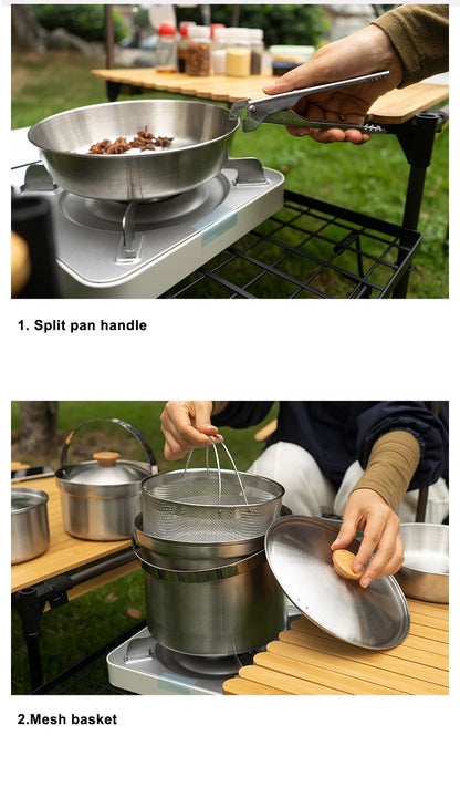 A Style Outdoor Stainless Steel 5pcs Camping Tourism Family 5L Portable Picnic Soup Frying Steaming Household