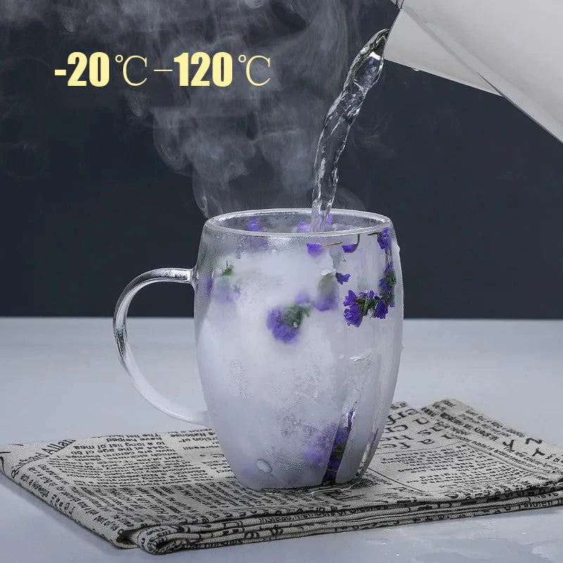 Double Wall Glass Coffee Mugs Double Insulated Glass Cup 350ml Flower Design