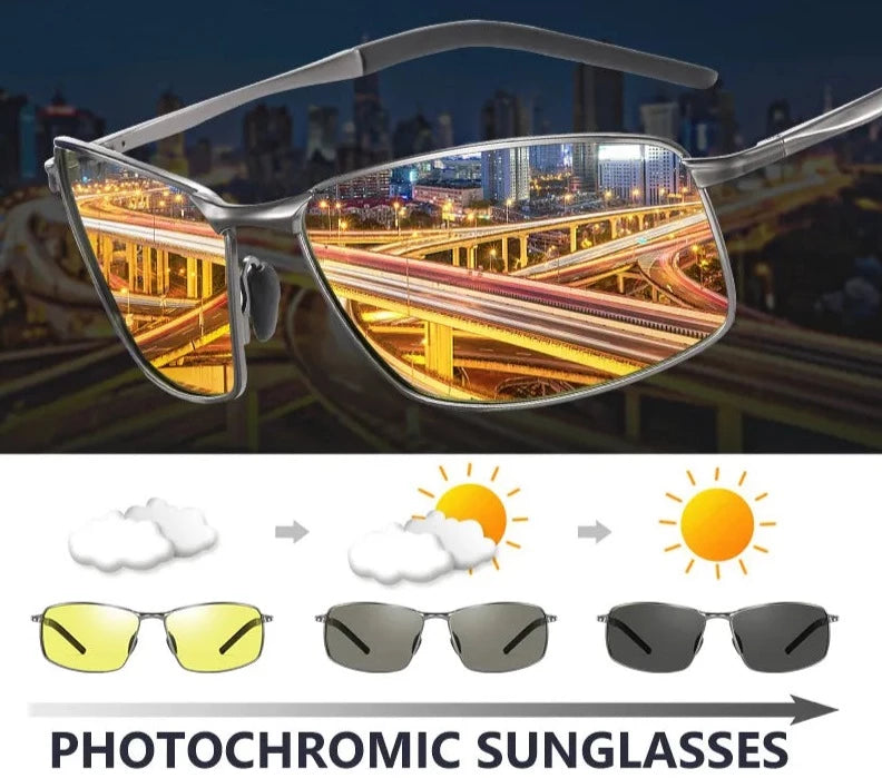 Photochromic Polarized Aluminum Metal Square Sunglasses for Men Driving Glasses