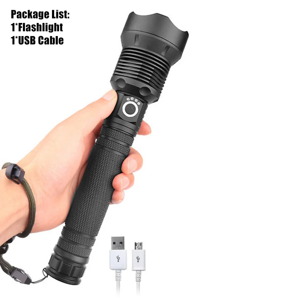 XHP70.2 LED Flashlight Rechargeable Zoom Tactical Torch USB Waterproof Camping Hunting Light