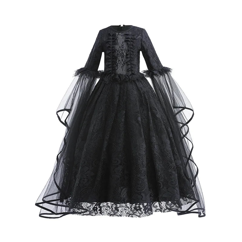 Halloween Witch Dress For Girls Black Evil Queen Cosplay Costume Luxury Lace Ruffles Floor Length Outfits Kids Carnival Frocks