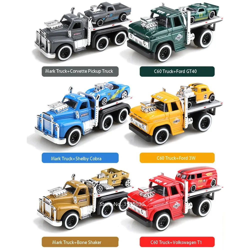 1:60 Scale American Muscle Alloy Trailer Cars Diecast Models Toys with Sound Light Pull Back Vehicle Boys Collection Gifts