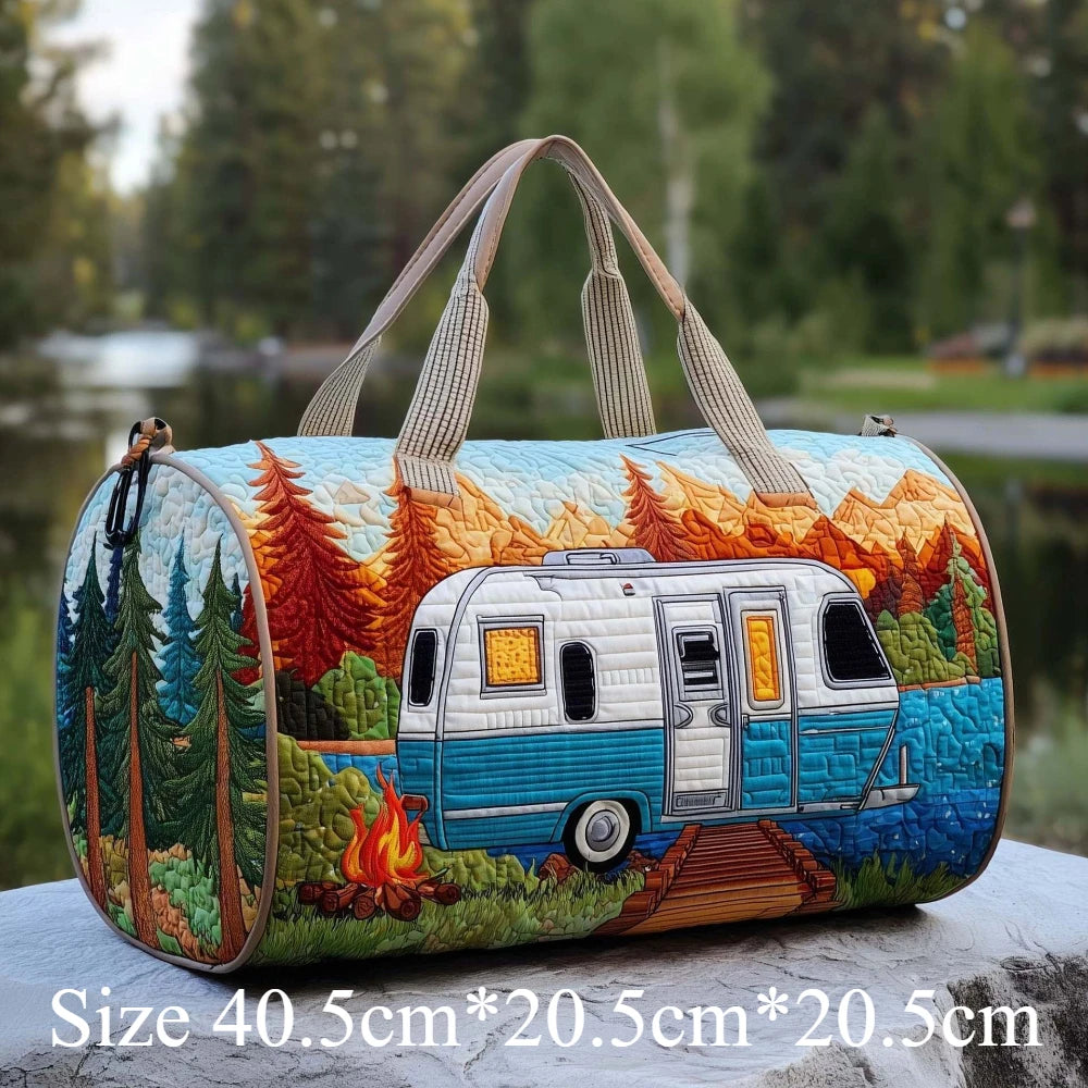 Handmade Quilted Travel Bag Vintage Artistic Camper Nature Duffle Bag Boho Weekender Tote for Men Women Camping Hiking Road Trip