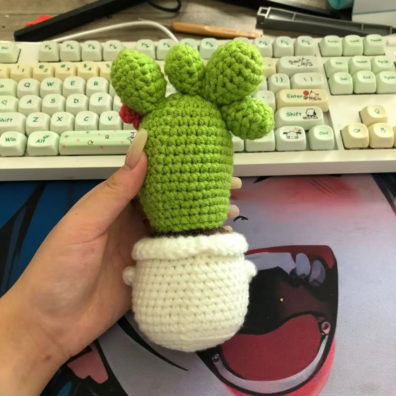 2 Pcs Funny Handmade Knitted Cactus Plants Ornament Home Room Decor Crochet Positive Cactus Doll With Emotional Card Christmas Gift